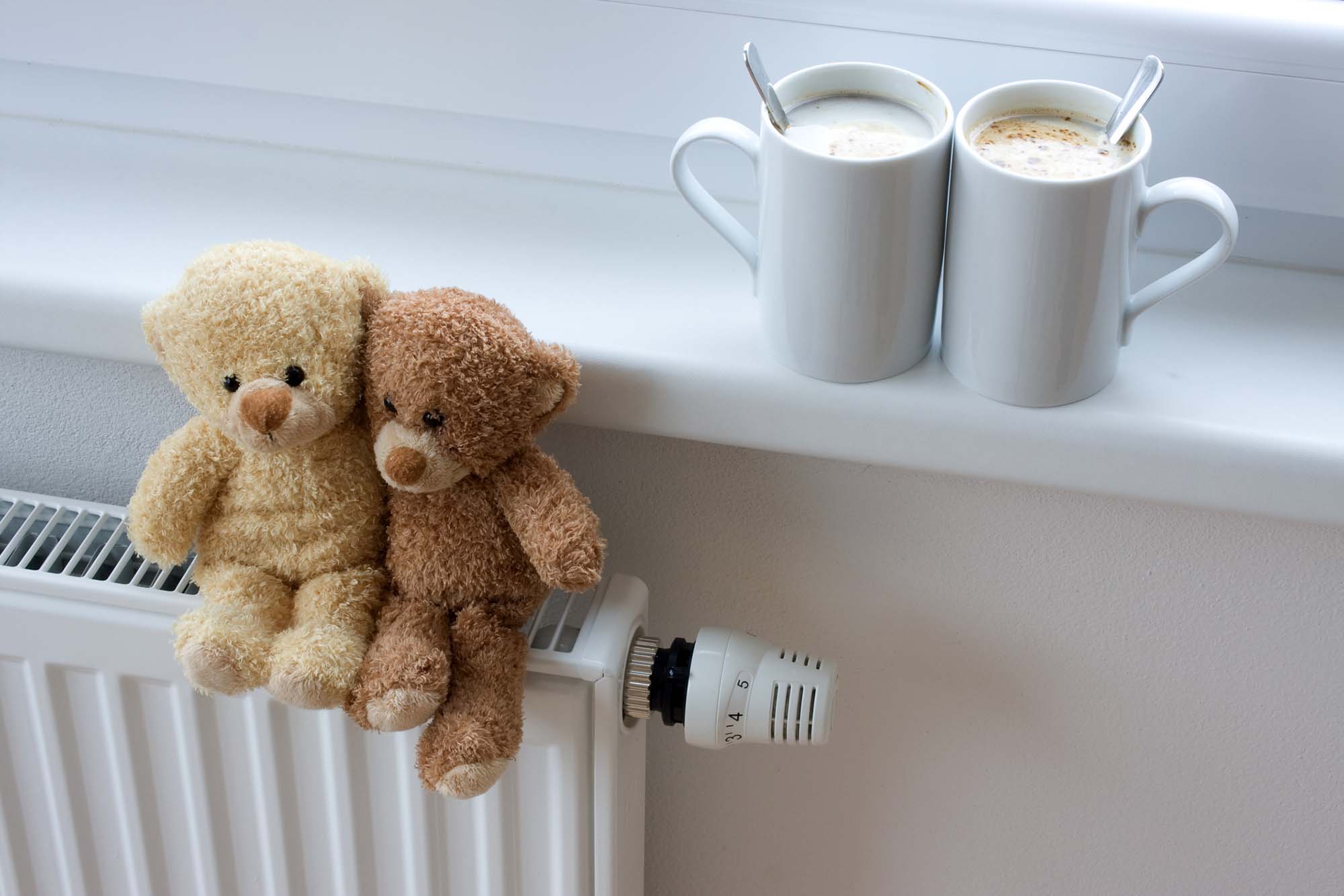 Two teddy bears sitting on radiator in home, with coffee cups on windowsill