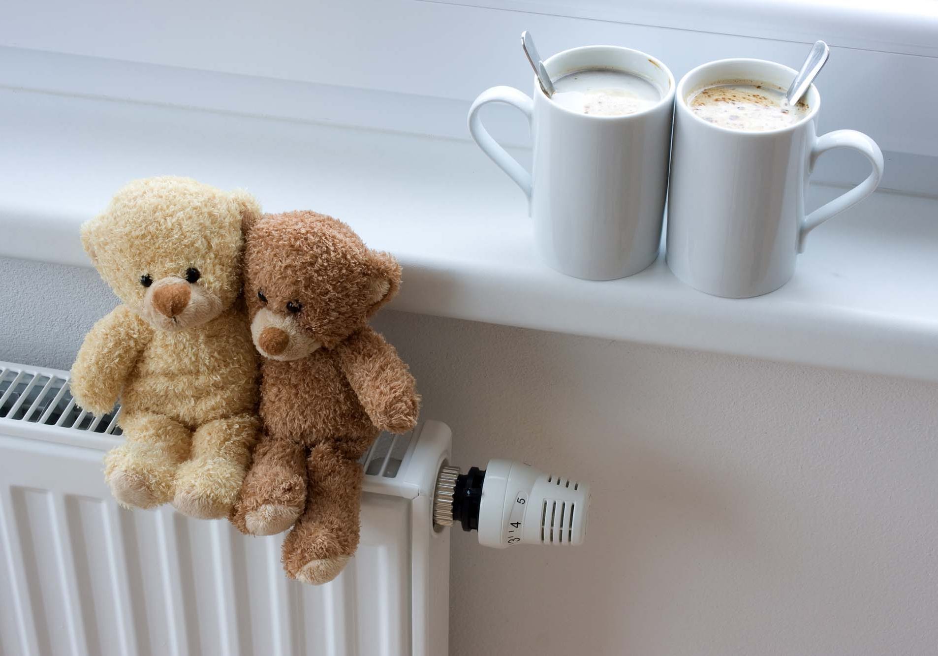 Two teddy bears sitting on radiator in home, with coffee cups on windowsill